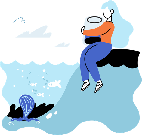 Scientist observing marine life in wild in order to protect them  Illustration