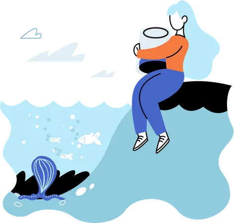 Scientist observing marine life in wild in order to protect them  Illustration