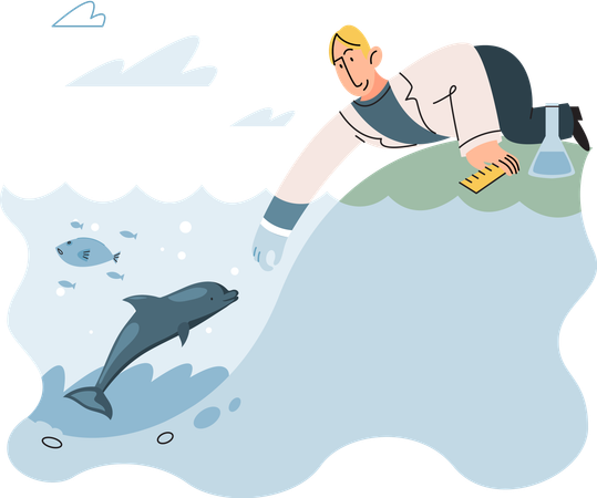 Scientist observing marine life in wild in order to protect them  Illustration