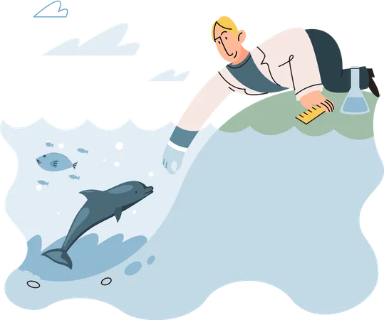 Scientist observing marine life in wild in order to protect them  Illustration