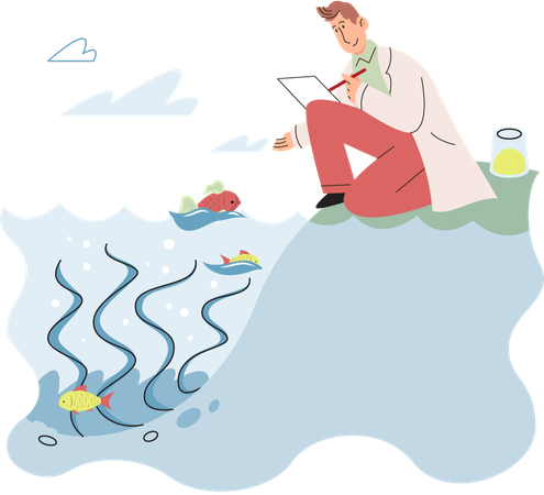 Scientist observing marine life in wild in order to protect them  Illustration