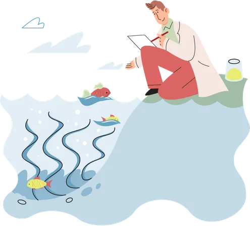 Scientist observing marine life in wild in order to protect them  Illustration