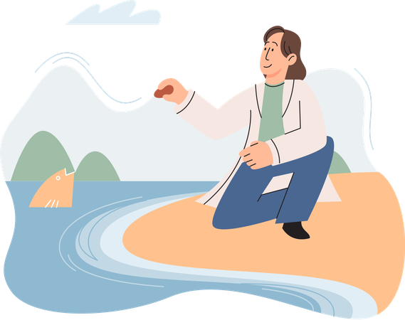 Scientist observing marine life in wild in order to protect them  Illustration
