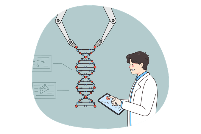Scientist operate robotic arm work on DNA  Illustration