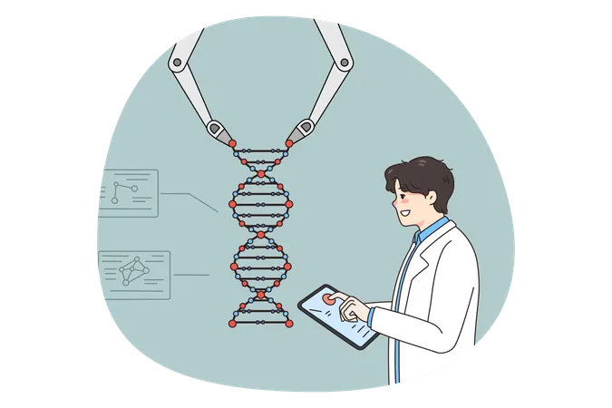 Scientist operate robotic arm work on DNA  Illustration