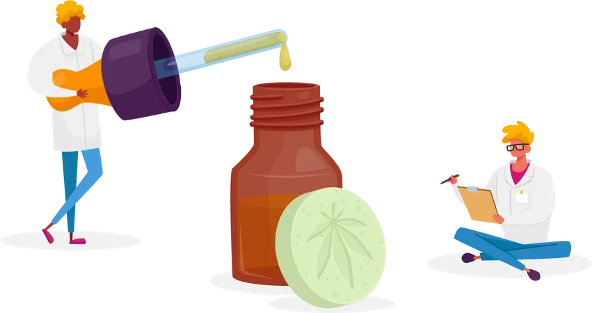 Scientist Or Pharmacist Characters Produce Oil And Pills Of Medical Cannabis Alternative Remedy Or Medication Light Drugs For Personal Use Aromatherapy Essence Cartoon People Vector Illustration 일러스트레이션
