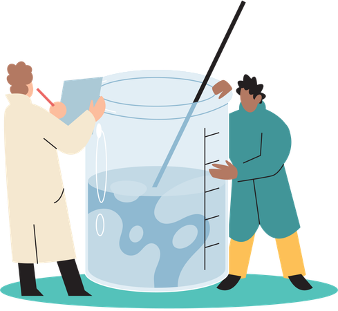 科学者がフラスコで実験を行う  イラスト