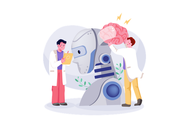 Scientist putting artificial brain into robot  Illustration