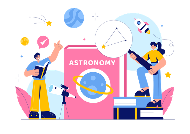 Scientist reading astronomy book  Illustration