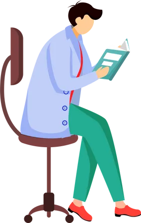 Scientist Reading Book Journal Flat Vector Illustration Doctor Sits On Chair Getting Analysing Information Man In Blue Lab Coat Isolated Cartoon Character On White Background Illustration