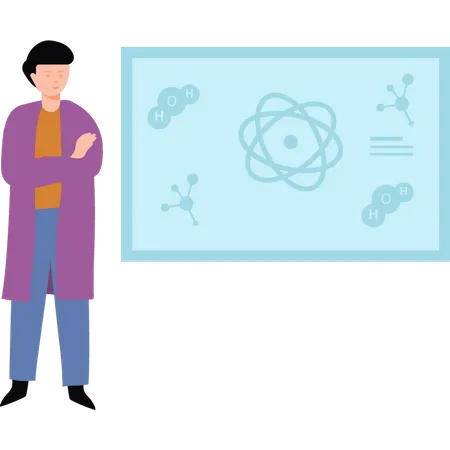 Scientist standing next to the chemistry board  Illustration