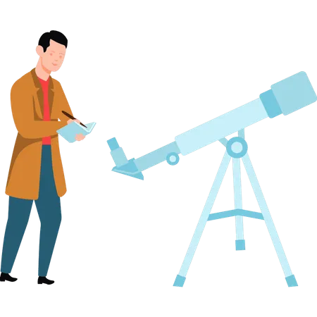 Scientist stands by telescope  Illustration