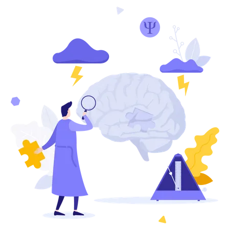 Neuroscientist Psychologist Or Psychiatrist Investigating Brain With Magnifier Concept Of Neuroscience Or Psychology Mental Health Human Consciousness Research Modern Flat Vector Illustration 일러스트레이션
