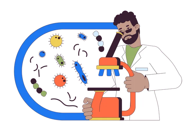 Scientist studying bacterium via microscope  イラスト