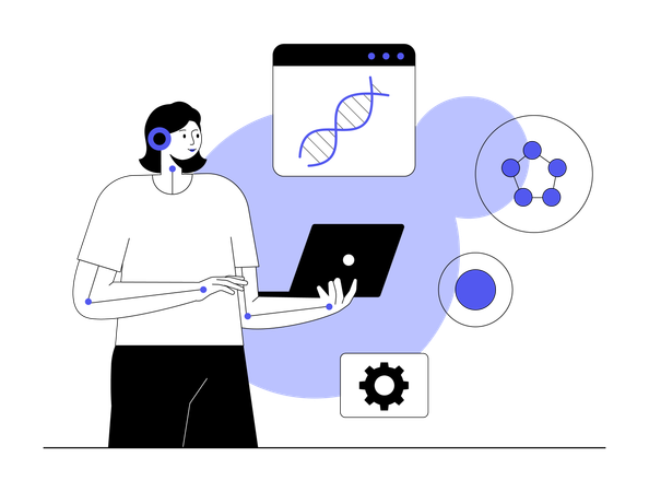 Scientist taking help from robot in DNA analysis  Illustration