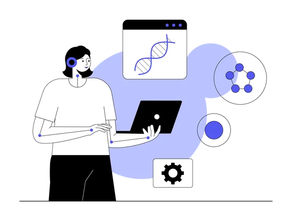 Scientist taking help from robot in DNA analysis  Illustration