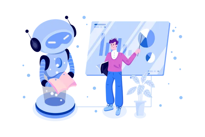 Scientist teaching robot to business work  Illustration