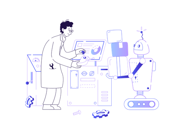 Scientist testing robot Illustration
