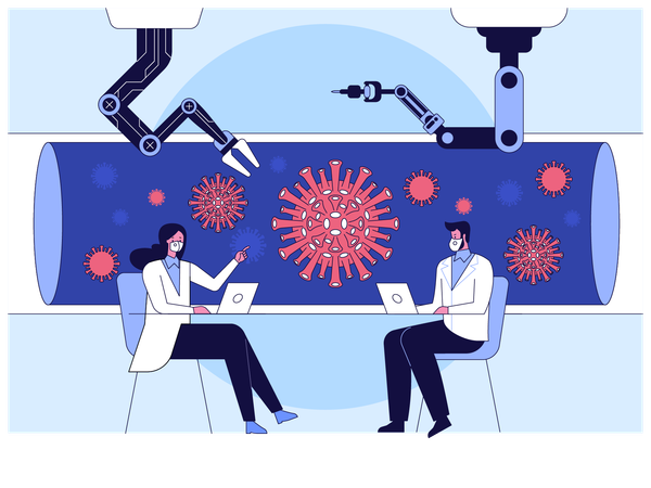 Scientist using help of robotic technology to work with Corona virus  Illustration