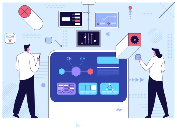 스마트 대시보드를 사용하여 화학 공식을 만드는 과학자  일러스트레이션