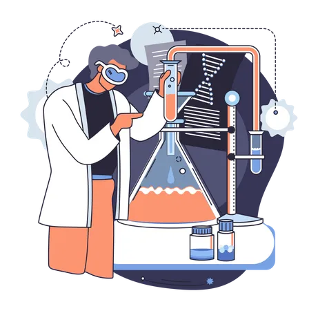 Chemical Laboratory Research Vaccine Discovery Concept Scientist With Flasks Microscope And Medical Research Equipment Working On Antiviral Treatment Development Doctor Studying Fluid Samples Illustration