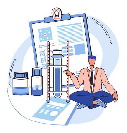 Scientist with flasks and research report Illustration