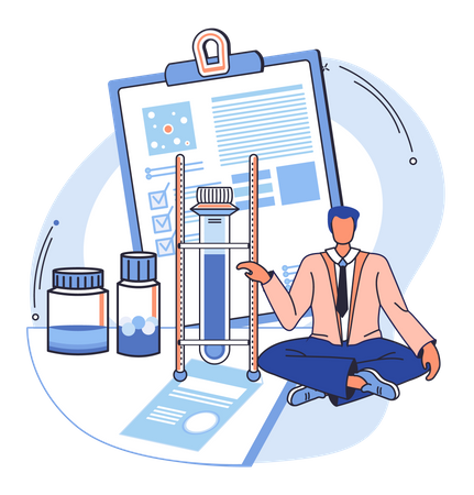 Scientist with flasks and research report  Illustration