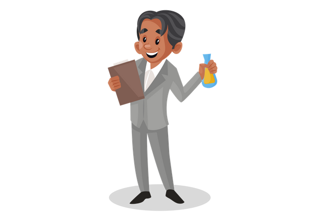 Scientist with report file in one and chemical bottle in another hand  Illustration