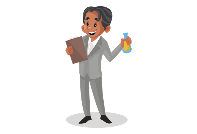 Scientist with report file in one and chemical bottle in another hand Illustration