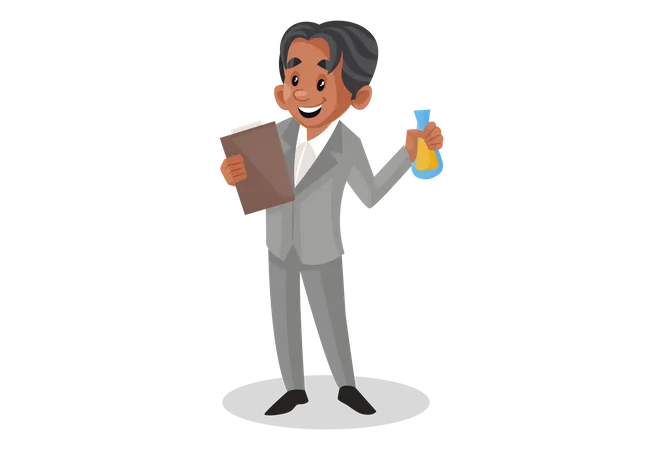 Scientist with report file in one and chemical bottle in another hand Illustration