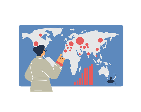 Scientist woman looking at map while Spread of virus around world  Illustration