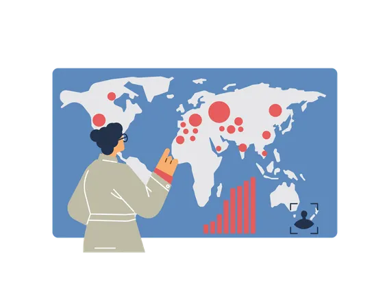 Scientist woman looking at map while Spread of virus around world  Illustration