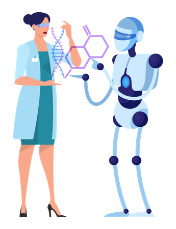 Scientist work with robot in science technology Illustration