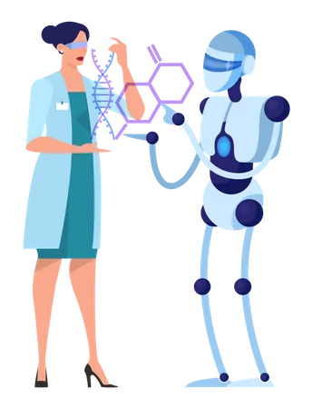Scientist work with robot in science technology Illustration