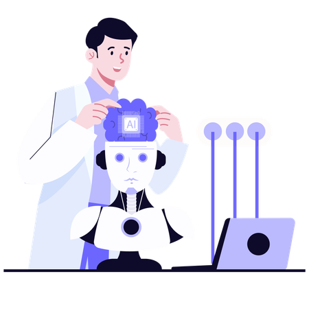 Scientist working on AI Brain Installation  Illustration