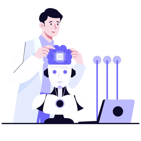 Scientist working on AI Brain Installation  Illustration
