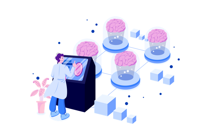 Scientist working on neural network brain programming  Illustration