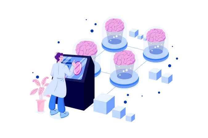 Scientist working on neural network brain programming  Illustration