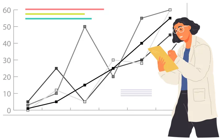 Search For Solutions Scientific Analysis Concept Woman Looking At Statistical Chart Scientist Works With Data Analytics And Research Of Statistics Person With Magnifying Glass Analyzes Diagram Illustration
