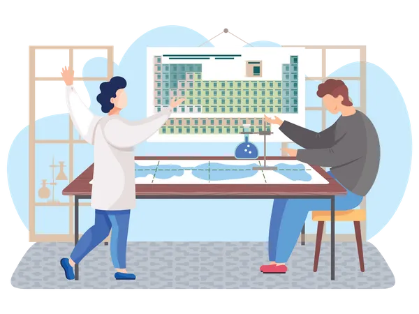 Set Of Illustrations About Chemical Research And Chemistry People In Lab Coats Colleagues Collaborate During Research Children Playind Science Board Game Chemists Are Working In The Laboratory Illustration