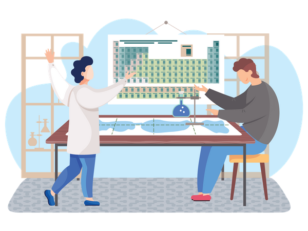 Scientist working with periodic table  일러스트레이션