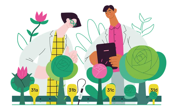 Bio Technology Seed Modification Modern Flat Vector Concept Illustration Of Scientists Analysing Genetic Modificated Variants Of A Plant Metaphor Of Direct Impact Of GMO On Vegetation Illustration