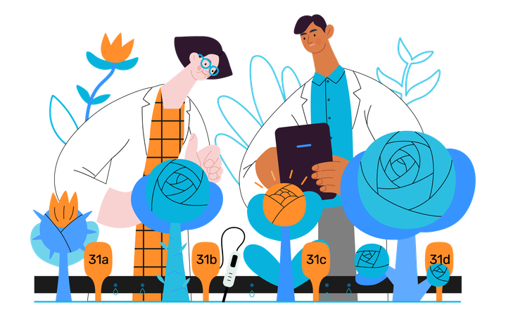 Scientists analysing genetic modificated variants of a plant  Illustration