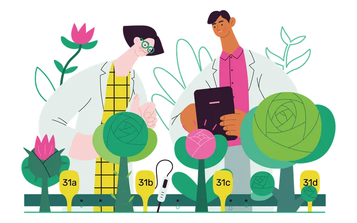 Scientists analysing genetic modificated variants of a plant  Illustration