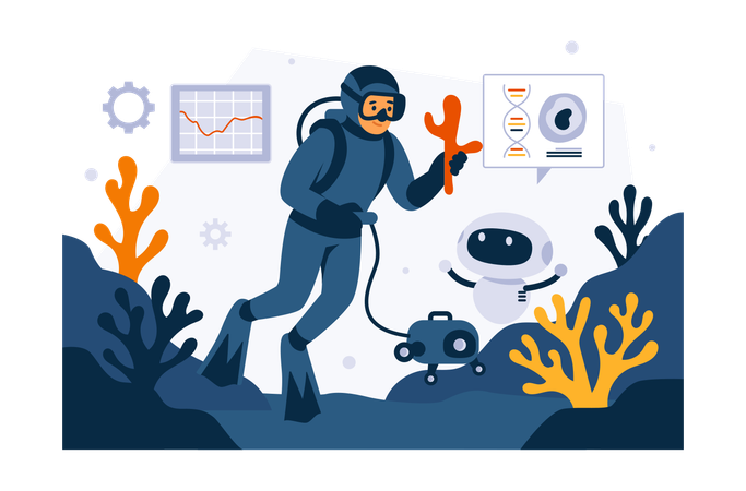 科学者たちは水中生物を研究している  イラスト