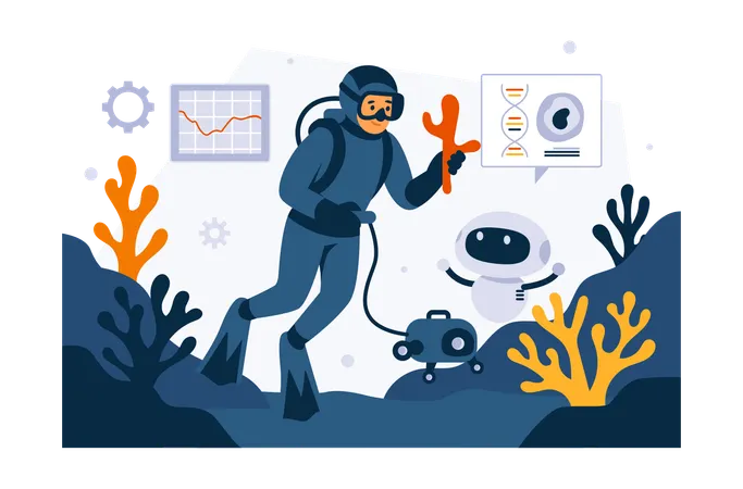 科学者たちは水中生物を研究している  イラスト
