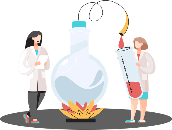Scientists conducting scientific researches team of laboratory assistants in uniform with test tubes  Illustration