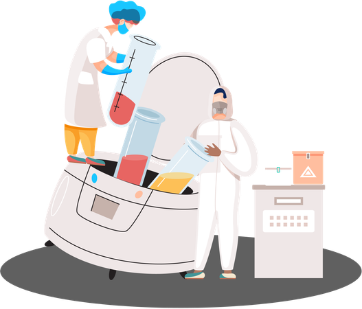 Scientists conducting scientific researches team of laboratory assistants in uniform with test tubes  Illustration