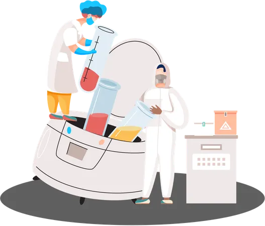 Scientists conducting scientific researches team of laboratory assistants in uniform with test tubes  Illustration