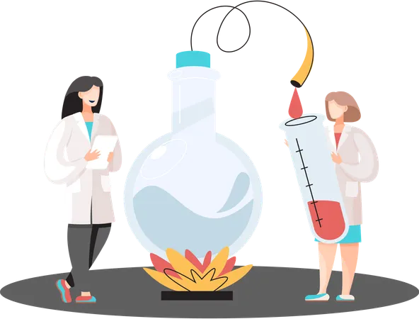 Scientists conducting scientific researches team of laboratory assistants in uniform with test tubes  Illustration